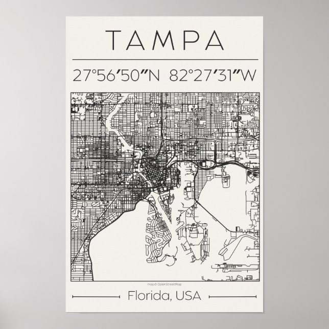 Póster Tampa Florida Charcoal City Map Poster ModernUrban (Frente)
