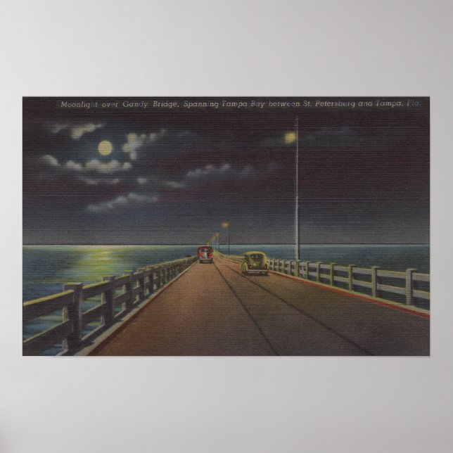 Póster Tampa, Florida - Vista en luna del puente Gandy (Frente)