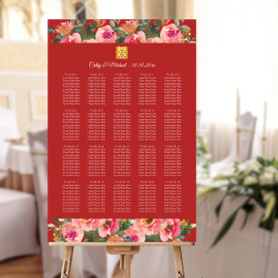 Póster Tapa de asientos de boda chino con flores rosadas