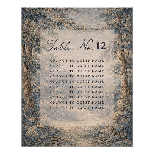 Póster Tapestry Blue Toile wedding table seating chart (Anverso)