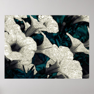 Póster Tapestry Flowers: The Black, White, & Teal