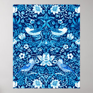 Póster Tapiz Art Nouveau de aves y flores, azul oscuro
