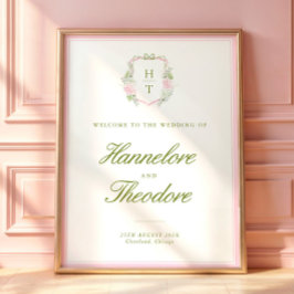 Póster Tapiz de fondo de boda con cresta de monograma flo