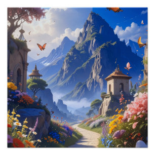 Póster Tapiz de paisaje de fantasía soñador – Montañas y 