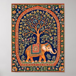 Póster Tapiz indio del árbol sagrado y el elefante sagrad