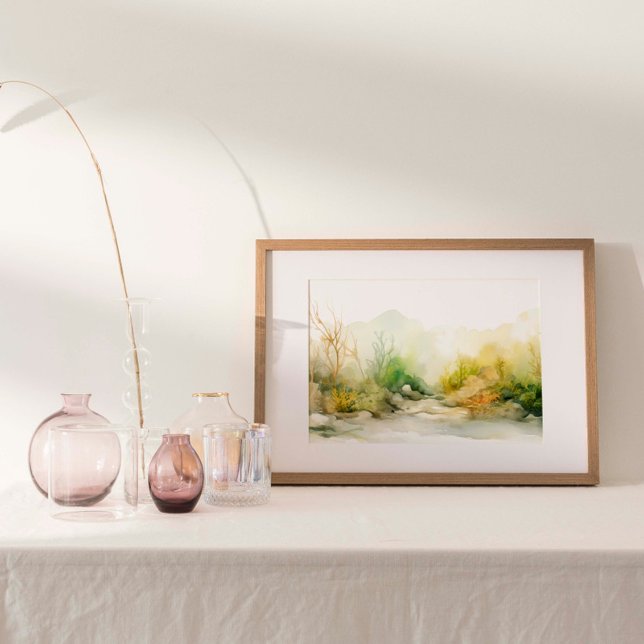 Póster Tapiz marino: Coloridas algas marinas y jardín Kel (Watercolor print of an underwater seaweed and kelp garden.)