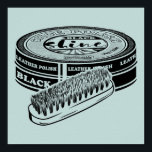 Póster Tapón de esmalte de zapatos negros<br><div class="desc">Un ilustracion de arte pop al estilo de un poster de publicidad vintage. Una lata de zapato marrón negro y un cepillo para lucir zapatos.</div>