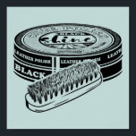 Póster Tapón de esmalte de zapatos negros<br><div class="desc">Un ilustracion de arte pop al estilo de un poster de publicidad vintage. Una lata de zapato marrón negro y un cepillo para lucir zapatos.</div>