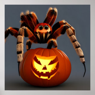 Póster Tarantula divertida con Halloween con Jack O' Lant