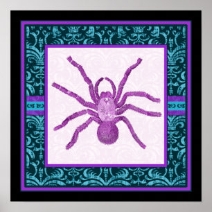 Póster Tarantula - Elegante borde de damasco en azul verd