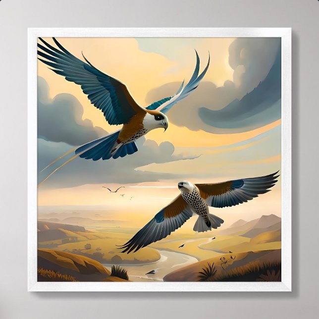 Póster tarde de la pareja de pintores de pájaro volando e (bird painting couple flying sky cloud afternoon)