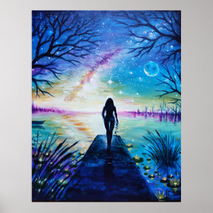 Póster Tarde en la noche ella está viendo el lago y la le