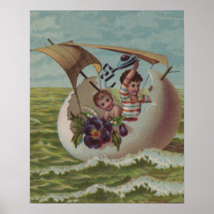 Póster Tarjeta antigua de Pascua Niños de huevo navegando
