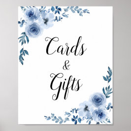 Póster tarjeta boda floral azul polvoriento y signo de re