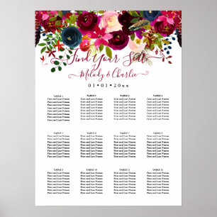 PÓSTER TARJETA DE ASIENTO FLORES DE ACUARELA BOHO BORGONA