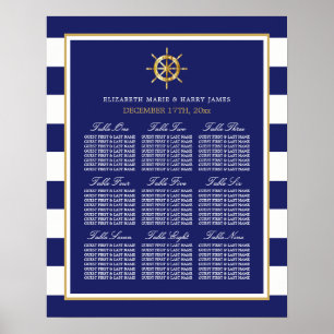 Póster Tarjeta de asiento Nautical Gold Wheel, Navy & Gol