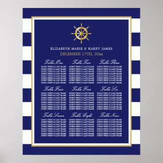 Póster Tarjeta de asiento Nautical Gold Wheel, Navy & Gol