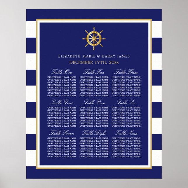 Póster Tarjeta de asiento Nautical Gold Wheel, Navy & Gol (Frente)