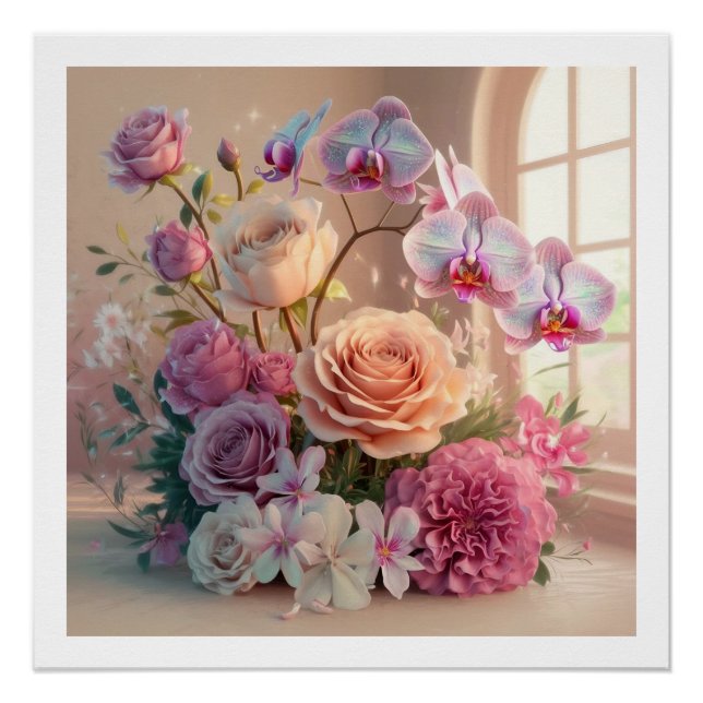 Póster Tarjeta de bienvenida 3D Spring Flowers con Rosas (Anverso)