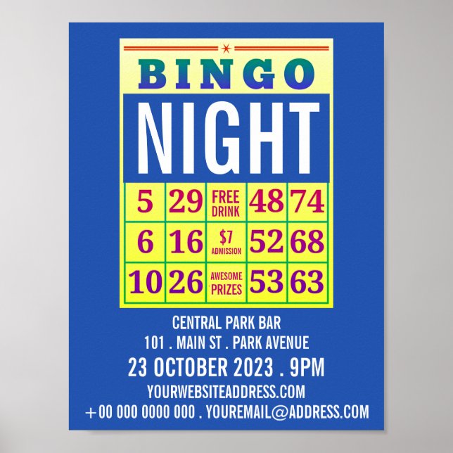 Póster Tarjeta de Bingo, publicidad nocturna de Bingo (Frente)