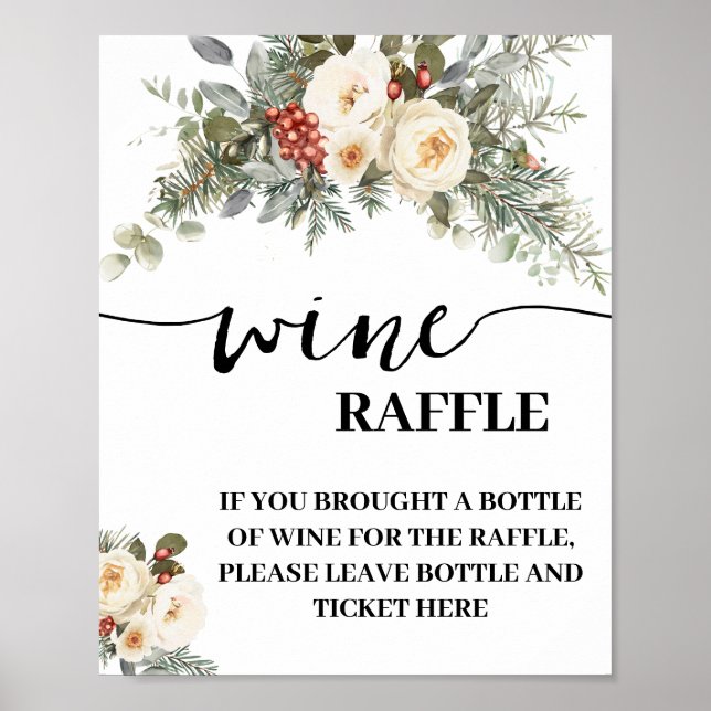 Póster Tarjeta de Botella de Vino Floral Blanco de Invier (Frente)