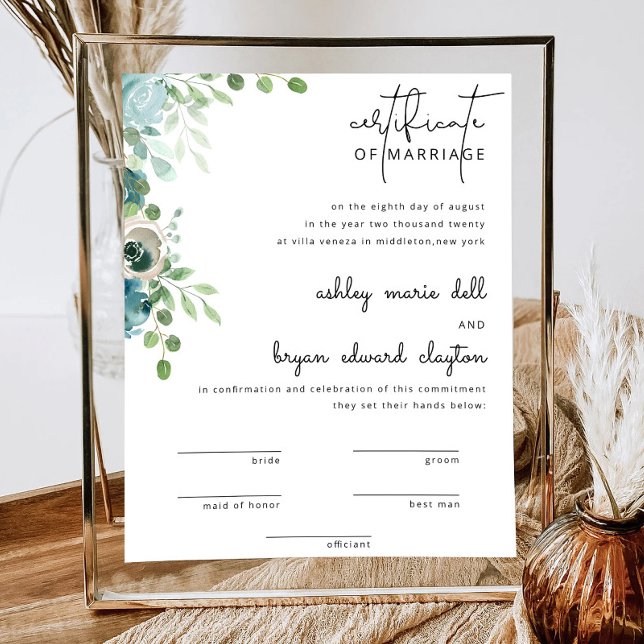 Póster Tarjeta de certificado de matrimonio Dusty Blue Bo (Subido por el creador)