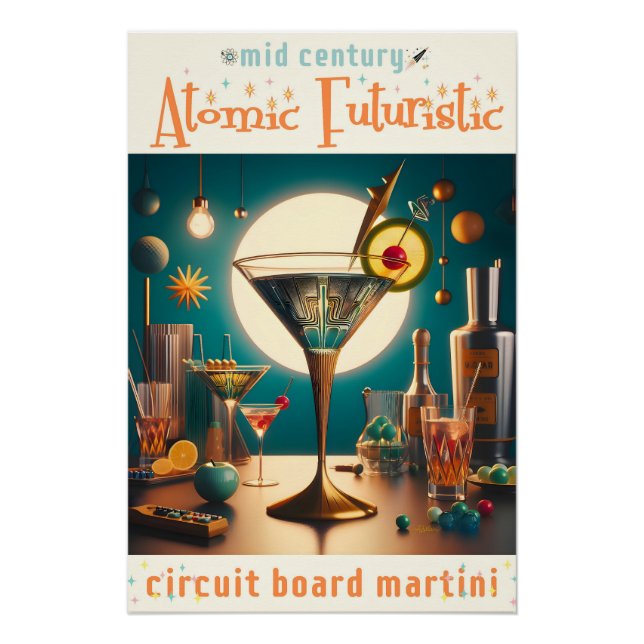 Póster Tarjeta de circuito futurista atómico Martini (Anverso)