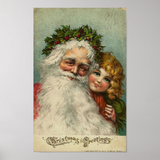 Póster Tarjeta de felicitaciones navideñas de Santa y Niñ
