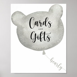 Póster Tarjeta de globo de oso y regalos para baby shower