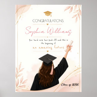 Póster Tarjeta de graduación floral elegante rosa dorado 