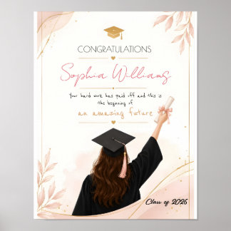 Póster Tarjeta de graduación floral elegante rosa dorado