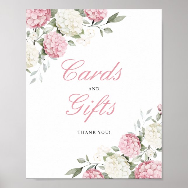 Póster Tarjeta de Hydrangea Rosa Sonrojado & Regalos Seña (Frente)