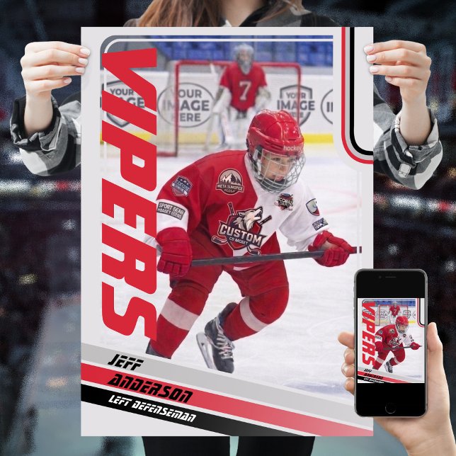 Póster Tarjeta de intercambio de hockey sobre hielo  (Unleash the ultimate power of customization with our red and black ice hockey Poster)