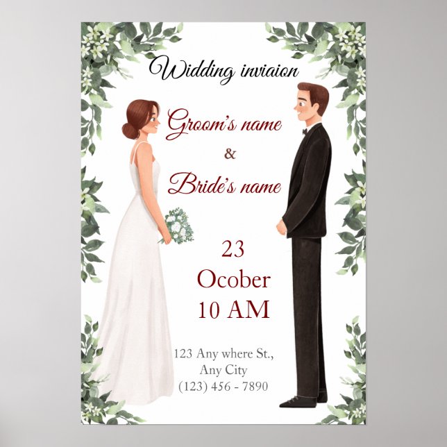 Póster Tarjeta de Invitación de Boda Ilustrada Elegante (Frente)