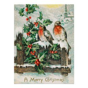 Póster Tarjeta de Navidad antigua con petirrojos, acebo,