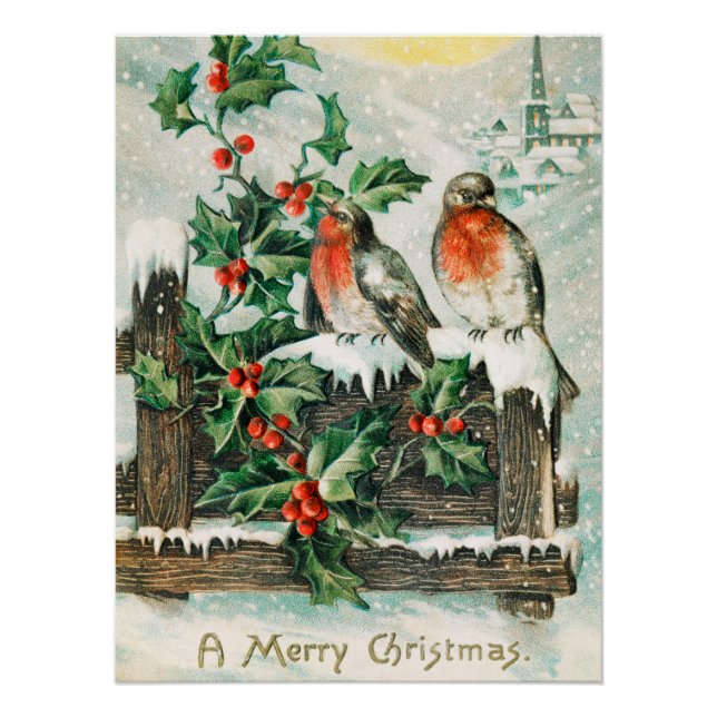 Póster Tarjeta de Navidad antigua con petirrojos, acebo,  (Anverso)