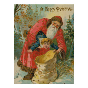 Póster Tarjeta de Navidad antigua, Papá Noel, Niño travie