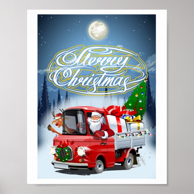 Póster tarjeta de Navidad con camión de Santa dibujado (Frente)