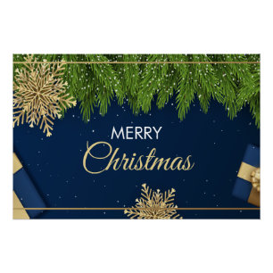 Póster Tarjeta de Navidad Copos de Nieve Dorados, Feliz N