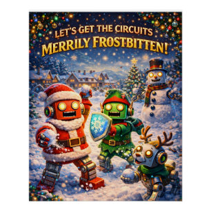 Póster Tarjeta de Navidad de robot retro luchando con bol