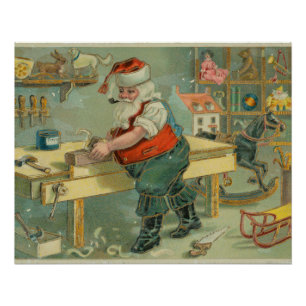 Póster Tarjeta de Navidad Vintage - Santa en su taller