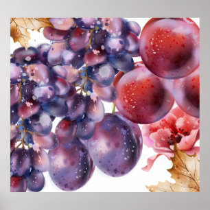 Póster Tarjeta de otoño de acuarela de uvas vintage