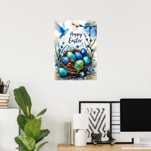 Póster Tarjeta de Pascua de conejito en nido de acuarela