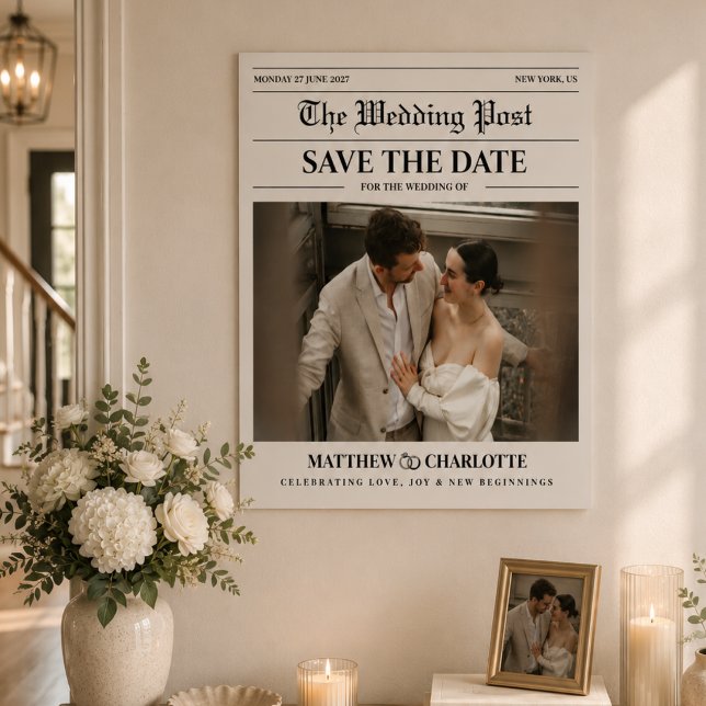 Póster Tarjeta de periódico para guardar la fecha de la b (Newspaper Save the Date Wedding Beige Card Poster)