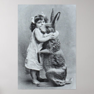 Póster Tarjeta de Post Antiguo Chica Victoriano Conejo de