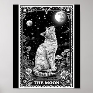 Póster Tarjeta de Tarot de Gato Bruja Luna Sombrero Hallo