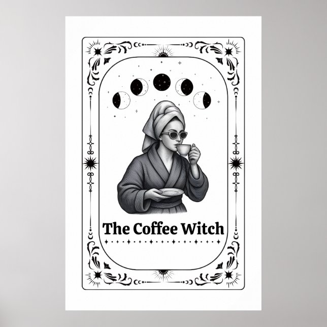 Póster Tarjeta de Tarot Editable de Bruja Amante del Café (Frente)