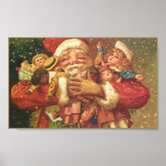 Póster Tarjeta de Vintage de Santa y Juguetes