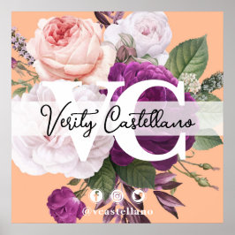 Póster Tarjeta de visita personal con floral de color ros