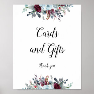 Póster Tarjeta floral azul y burdeos y letrero de regalos